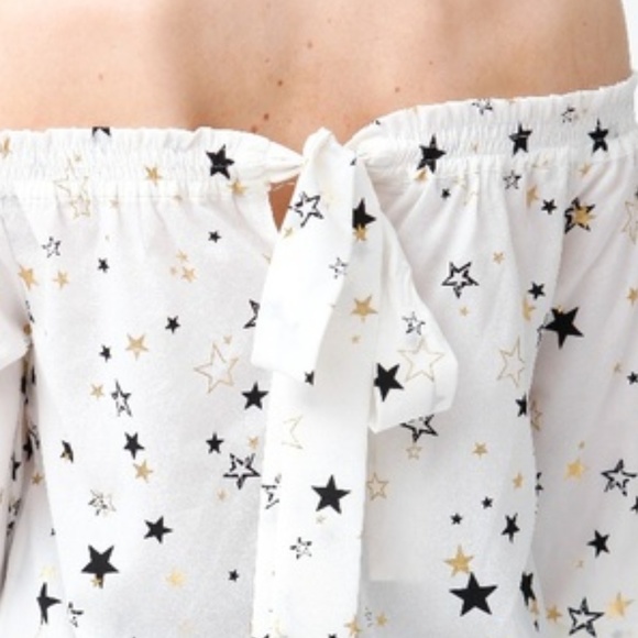 White Gold Metallic Star Print Off Shoulder Top - Picture 5 of 8